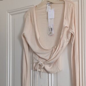 Cream Ribbed Wrap Top